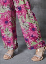 Beautiful Rose Elastic Waist Leaf Print Chiffon Pants Summer