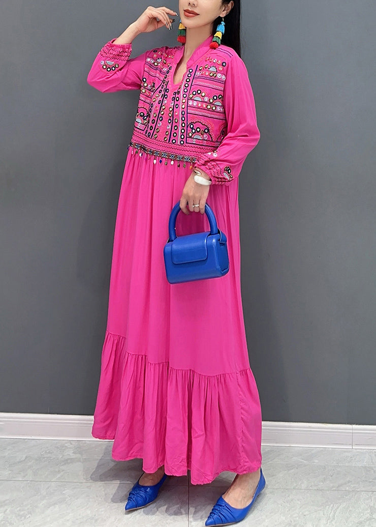 Beautiful Rose Embroidered Patchwork Cotton Long Dresses Fall