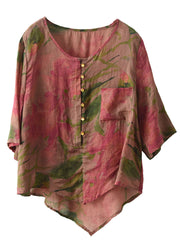 Beautiful Rose O Neck Print Button Patchwork Linen Blouses Tops Summer