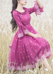 Beautiful Rose Ruffled Embroideried Lace Up Tulle Dresses Flare Sleeve