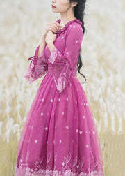 Beautiful Rose Ruffled Embroideried Lace Up Tulle Dresses Flare Sleeve