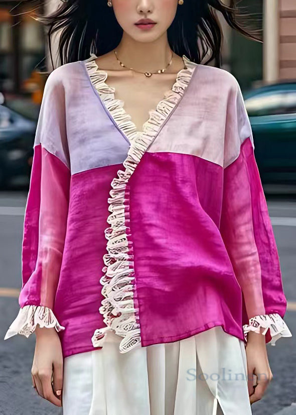 Beautiful Rose V Neck Patchwork Cotton Shirt Long Sleeve