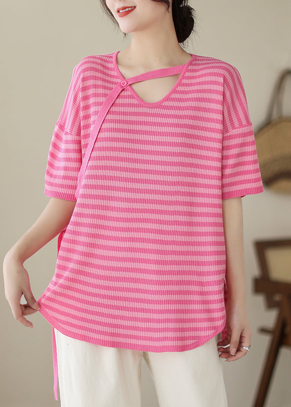 Beautiful Rose V Neck Striped Knit Top Summer