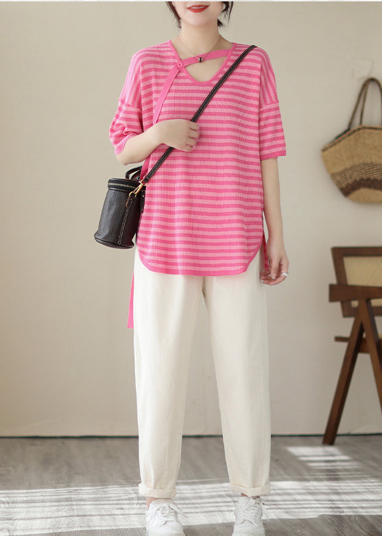 Beautiful Rose V Neck Striped Knit Top Summer