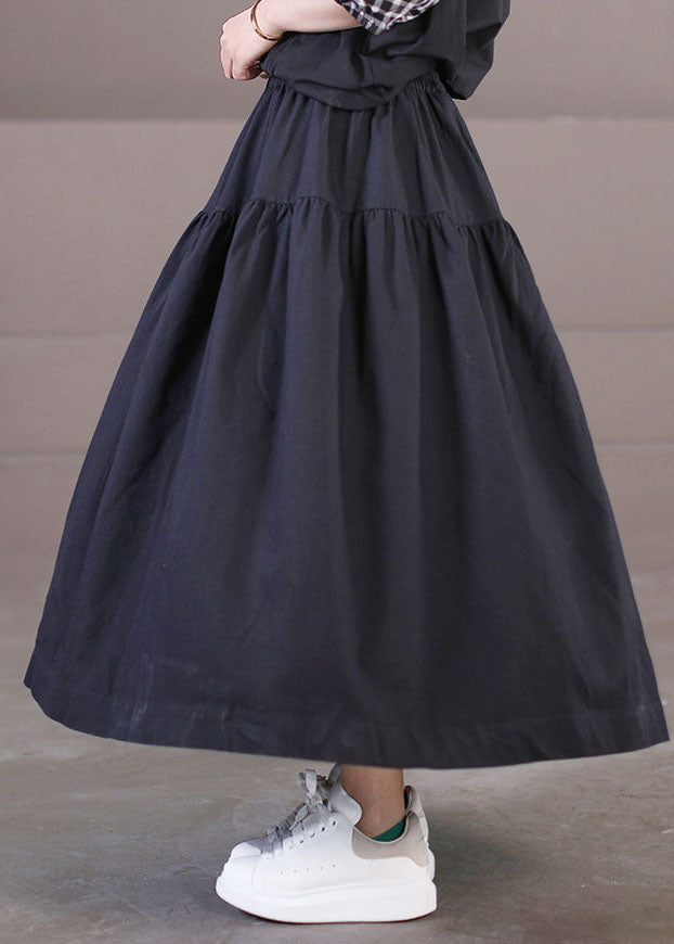 Beautiful Solid Black Elastic Waist Patchwork Cotton Pleated Skirt Summer