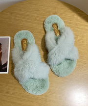 Beautiful Splicing Slippers Shoes Light Green Fuzzy Fur