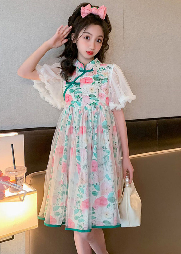 Beautiful Stand Collar Tulle Patchwork Button Girls Mid Dress Summer