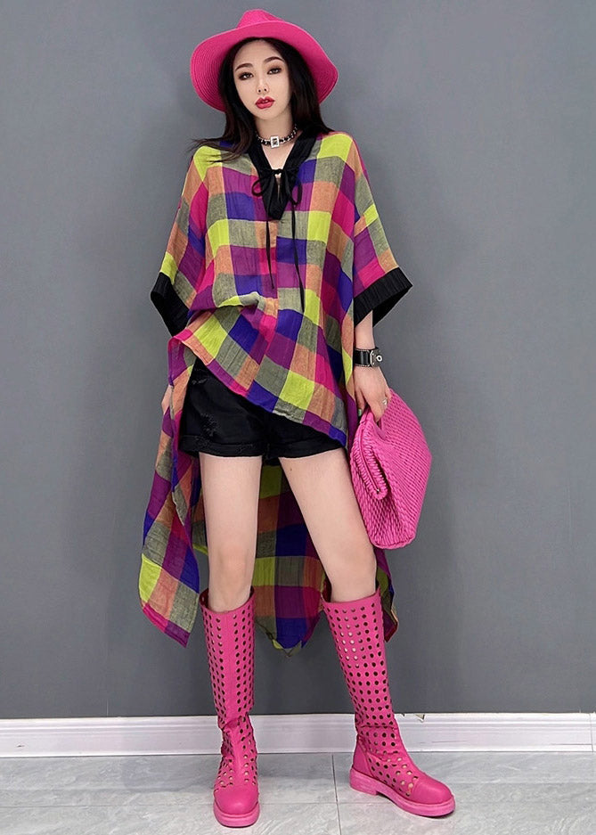 Beautiful V Neck Asymmetrical Low High Design Plaid Dress Long Sleeve