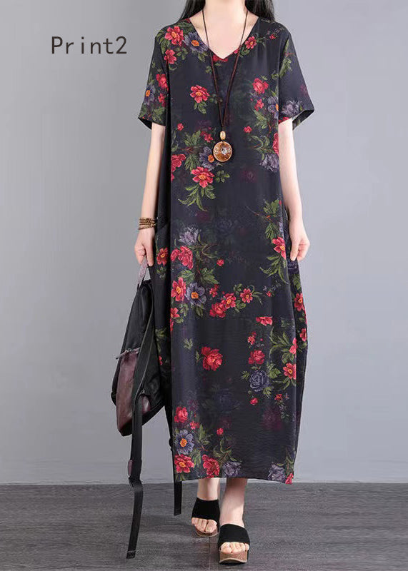 Beautiful V Neck Print Patchwork Cotton Long Dresses Summer