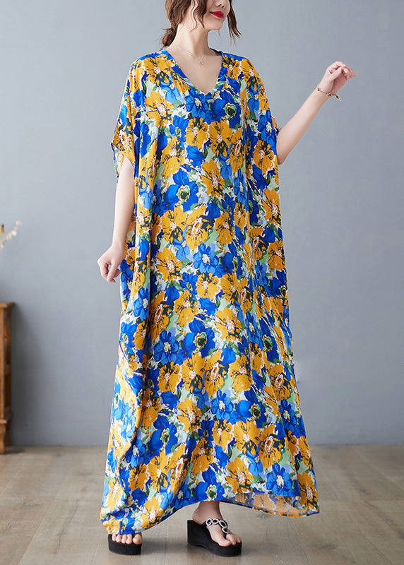 Beautiful V Neck Print Satin Long Dresses Short Sleeve