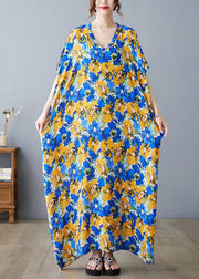 Beautiful V Neck Print Satin Long Dresses Short Sleeve