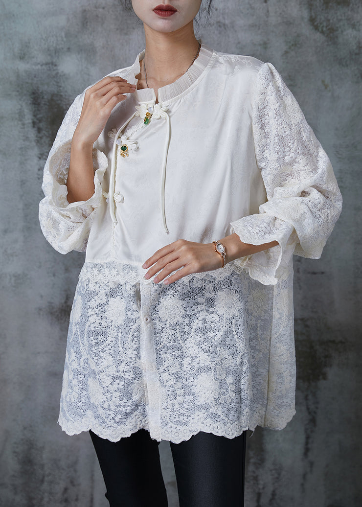 Beautiful White Chinese Button Patchwork Lace Shirts Summer