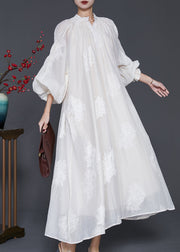 Beautiful White Embroidered Silk Maxi Dress Lantern Sleeve