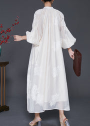 Beautiful White Embroidered Silk Maxi Dress Lantern Sleeve