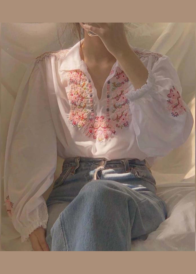 Beautiful White Embroidered Patchwork Chiffon Shirt Fall