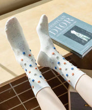 Beautiful White Fuzzy Ball Decorated Cotton Mid Calf Socks