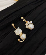 Beautiful White Gold Copper Overgild Pearl Little Cats Asymmetric Drop Earrings