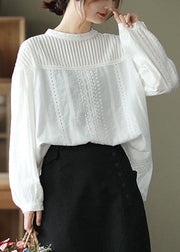 Beautiful White Hollow Out Patchwork Wrinkled Cotton Tops Fall