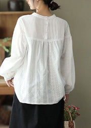 Beautiful White Hollow Out Patchwork Wrinkled Cotton Tops Fall