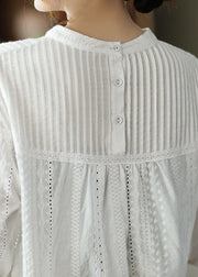 Beautiful White Hollow Out Patchwork Wrinkled Cotton Tops Fall