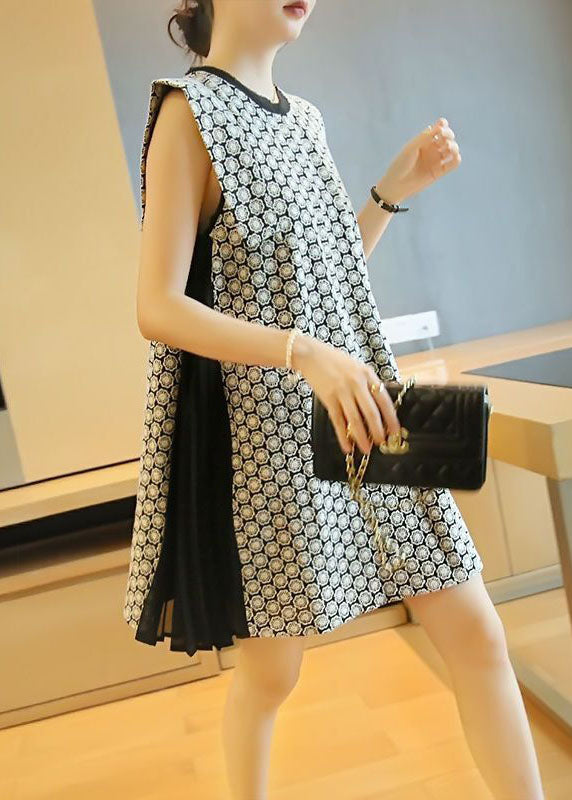 Beautiful White O-Neck Patchwork Print Wrinkled Mini Dress Sleeveless