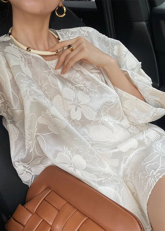 Beautiful White O-Neck Silk Top And Shorts Two Pieces Set Spring