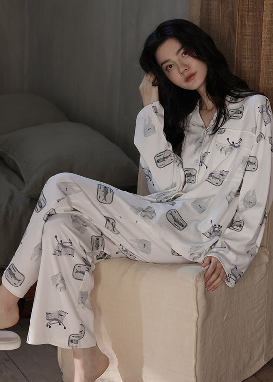 Beautiful White Peter Pan Collar Print Button Cotton Pajamas Two Pieces Set Spring