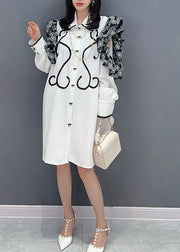 Beautiful White Peter Pan Collar Print Button Maxi Shirts Dresses Puff Sleeve