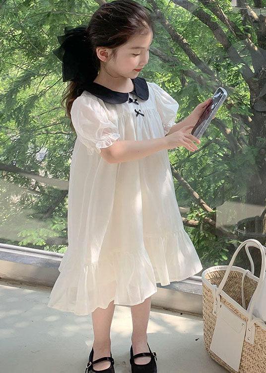 Beautiful White Peter Pan Collar Wrinkled Patchwork Cotton Kids Girls Dress Summer