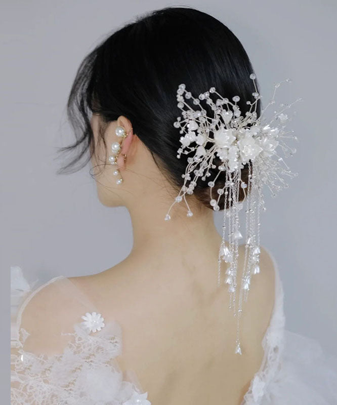 Beautiful White Plastics Patchwork Silk Inlaid Floral Tassel Hairpin