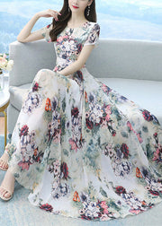 Beautiful White Print Exra Large Hem Chiffon Vacation Dresses Summer