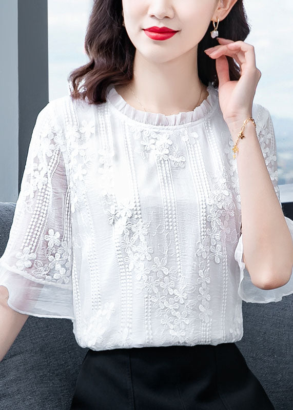 Beautiful White Ruffled Embroideried Patchwork Chiffon Blouse Tops Summer