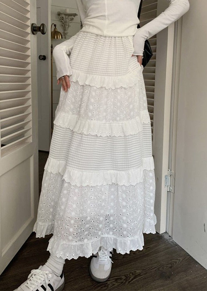 Beautiful White Ruffled Hollow Out Cotton Skirts Summer