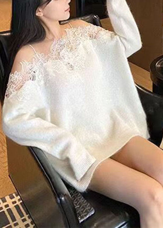 Beautiful White Slash Neck Floral Cozy Cotton Knit Spaghetti Sweaters Winter