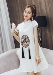 Beautiful White Stand Collar Print Tassel Button Cotton Mid Dresses Short Sleeve