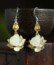 Beautiful White Sterling Silver Jade Lotus Drop Earrings