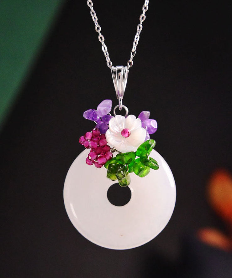 Beautiful White Sterling Silver Jade Ping Buckle Pendant Necklace