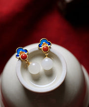 Beautiful White Sterling Silver Overgild Jade Agate Enamel Auspicious Cloud Drop Earrings