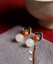 Beautiful White Sterling Silver Overgild Jade Agate Enamel Auspicious Cloud Drop Earrings