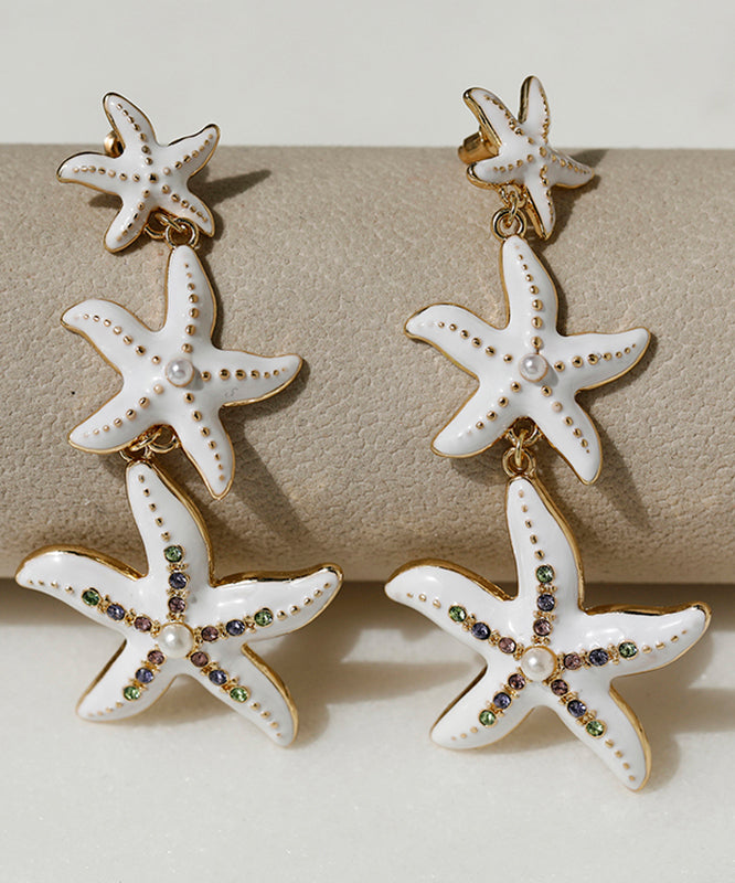 Beautiful White Sterling Silver Overgild Pearl Starfish Tulle Drop Earrings