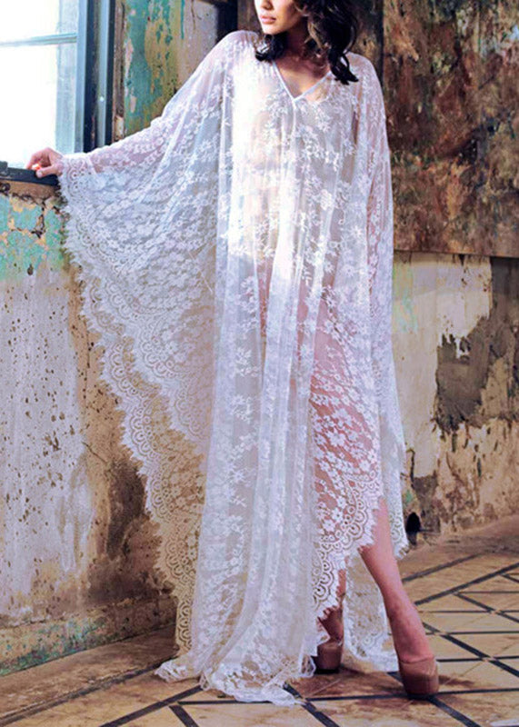 Beautiful White V Neck Lace Long Holiday Dress Batwing Sleeve