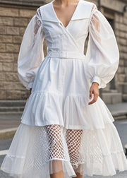 Beautiful White V Neck Patchwork Tulle Cotton Dress Puff Sleeve