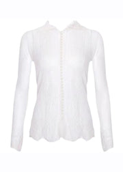 Beautiful White V Neck Pearl Button Lace Shirt Long Sleeve