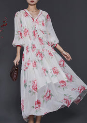 Beautiful White V Neck Print Chiffon Beach Dress Spring