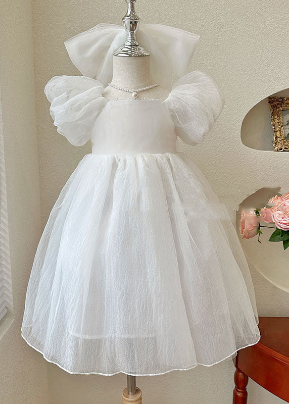 Beautiful White Wrinkled Patchwork Tulle Kids Girls Princess Dresses Summer