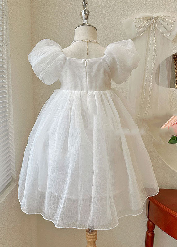 Beautiful White Wrinkled Patchwork Tulle Kids Girls Princess Dresses Summer