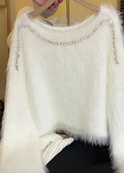 Beautiful White Zircon Cozy Knit Short Sweater Spring