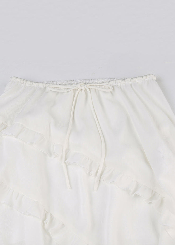 Beautiful WhiteRuffled Asymmetrical Lace Up Cotton Skirt Summer