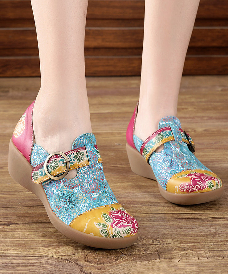 Beautiful Yellow Buckle Strap Embossed Wedge High Wedge Heels Shoes