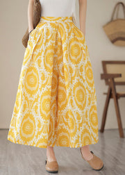 Beautiful Yellow High Waist Pockets Print Crop Pants Skirt Summer